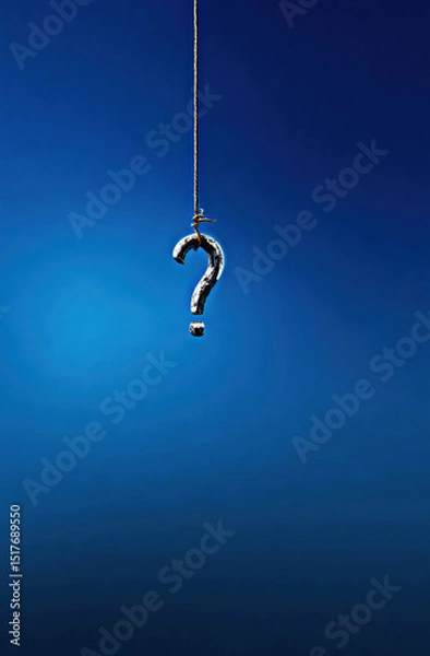 Fototapeta A solitary question mark dangles against a deep blue background, symbolizing the complexity of inquiries and the pursuit of knowledge in an ever-changing world.