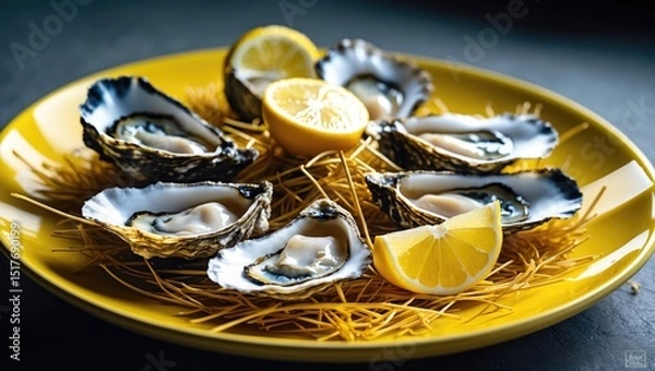 Obraz A tasty serving of 6 oysters with lemon on a wooden board at a seafood restaurant