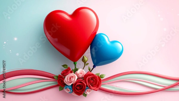 Fototapeta Red and blue heart balloons with roses for valentines day
