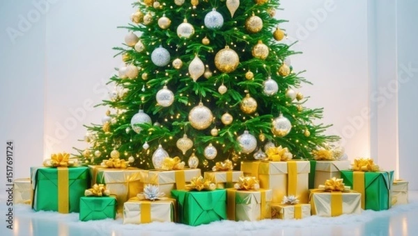 Fototapeta Elegant white and gold Christmas tree with shiny ornaments and gift boxes on festive background