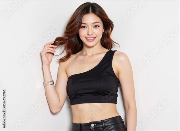 Obraz High-fashion studio image daring redhead in black tanktop and panties poses powerfully against seamless white backdrop commercial