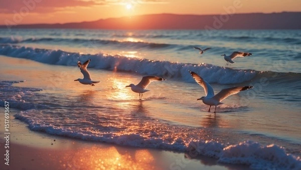 Obraz Beautiful beach landscape with sea or ocean and seagulls at sunset, showcasing a summer tropical environment in wide-angle view.