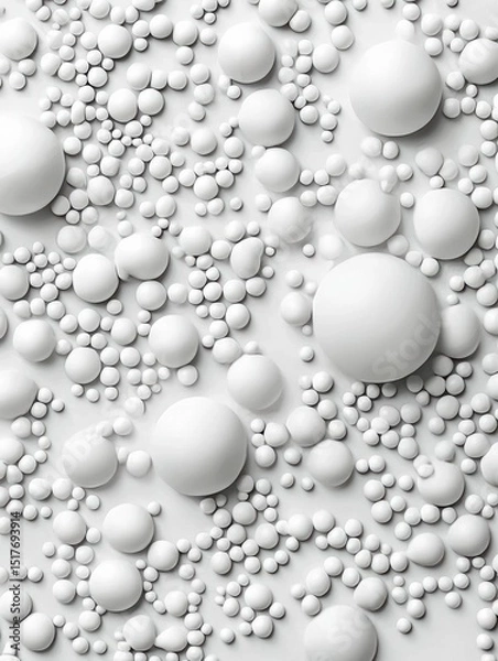 Fototapeta Close-up of a group of small, round, white spheres scattered on a white surface. the spheres are of different sizes and shapes, with some being larger and others smaller.