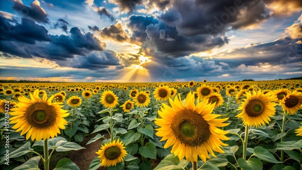 Fototapeta A sunflower field under a cloudy sky generative ai