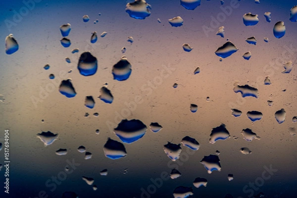 Fototapeta Raindrops on the window against the background of the setting sun. Background with glass and drip texture.