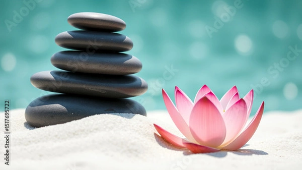 Fototapeta Serene stacked stones and pink lotus flower