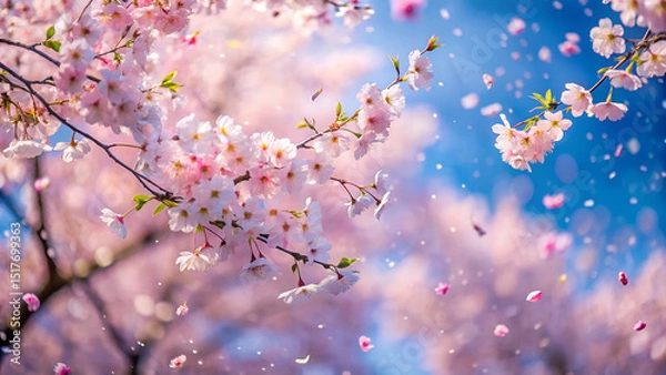 Fototapeta Cherry blossoms with petals scattered in the wind generative ai