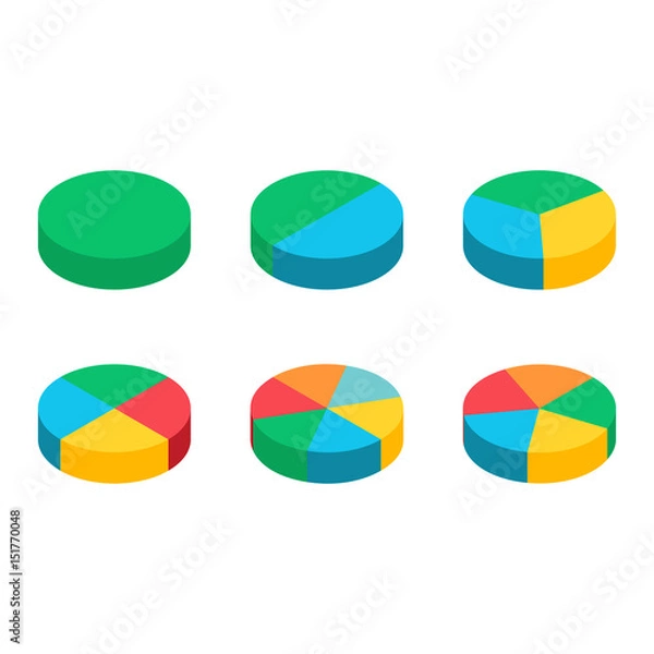 Fototapeta Set of bulk isometric pie graphs. Templates realistic three-dimensional pie charts. Business data, colorful elements for infographics. Vector illustration