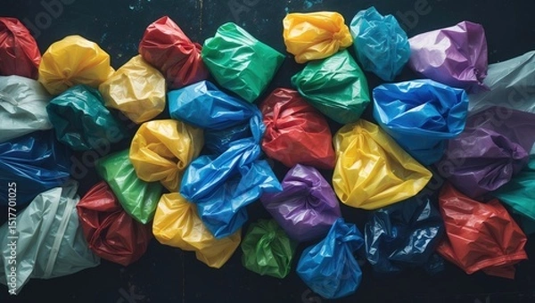 Fototapeta Recyclable soft plastic bag featuring rainbow colors on a textured blue background for creative concepts