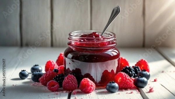 Fototapeta Top view of a jar filled with wild berry jam on a white wooden surface