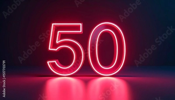 Fototapeta 3D rendering of a metallic number 50 with curved red neon lines on a background. 