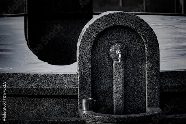 Fototapeta Close-up of a granite water fountain with a chrome tap and metal mug. Stone craftsmanship and still water in religious or public setting