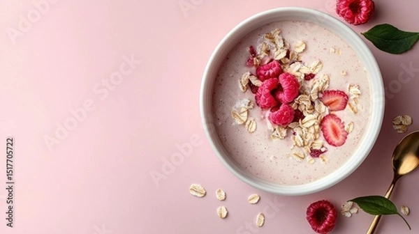 Fototapeta Bowl of oatmeal with raspberries and oats on a pink background. the bowl is white and has a gold spoon resting on the side.