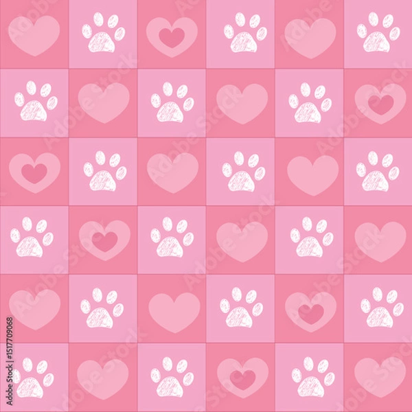 Fototapeta Plaid pink hearts pattern with paw prints.eps