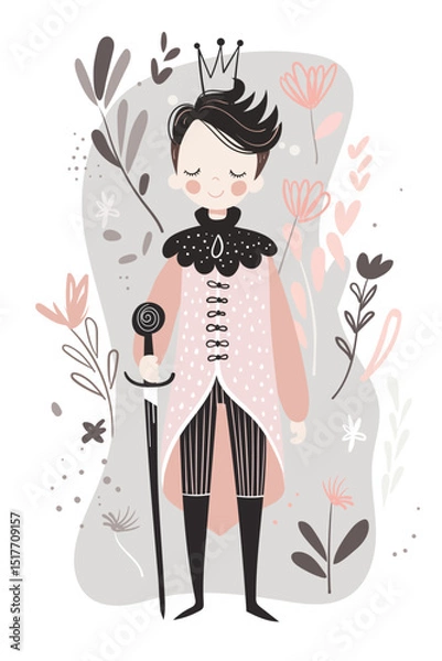 Obraz Little prince, teenage boy in crown with scepter, cute birthday card, fairy tale character in grey and pink colors. Flat vector cartoon print.