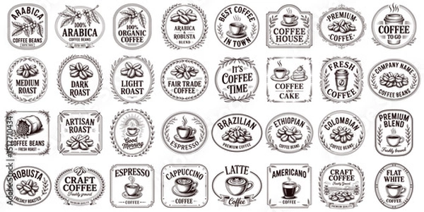 Fototapeta Vintage coffee badges and labels including coffee beans, cups, roasts, and blends for branding, packaging, or cafe design. Vector set