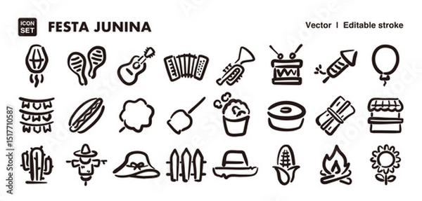 Fototapeta Festa Junina icon set. Hand drawn illustration line style. Vector editable stroke icon.