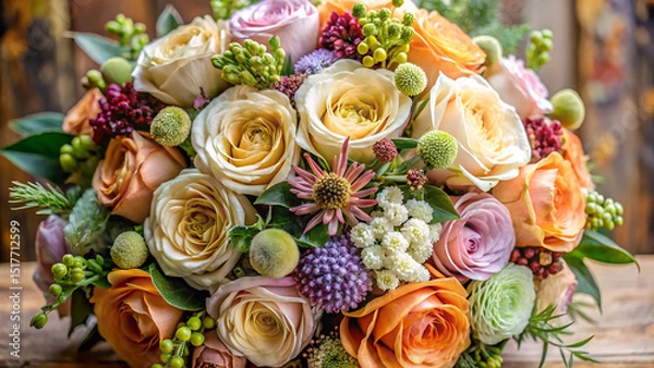 Fototapeta A bouquet with flowers of varying textures: smooth, rough, and glossy generative ai