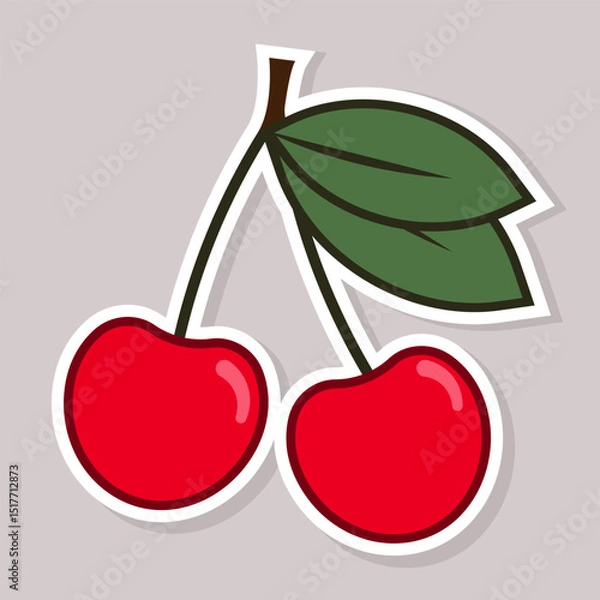 Obraz Red cherries with green leaves sticker design. Flat style vector illustration for food related designs and summer themed graphics