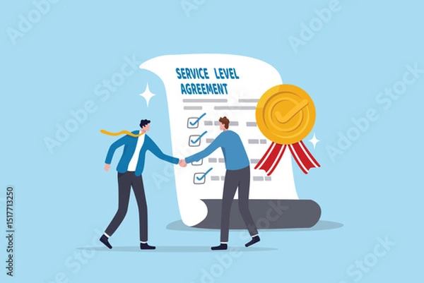 Obraz SLA service level agreement, commitment or support contract for uptime, availability or resolution for service problem, guarantee concept, businessman handshake with SLA checklist contract agreement.