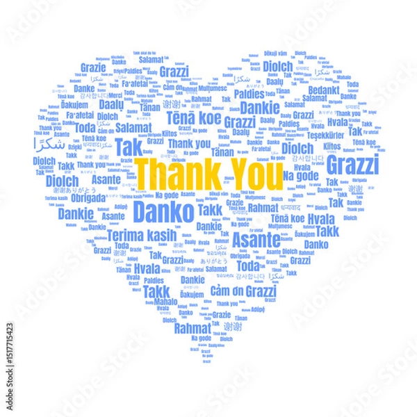 Fototapeta Illustration of a heart-shaped word cloud displaying the phrase 'Thank You' in various languages, symbolizing cultural connection, diversity, and global appreciation.