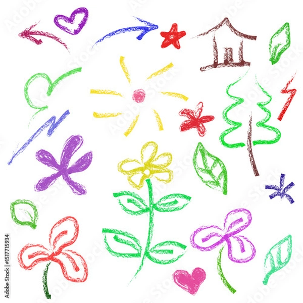 Obraz Crayon drawing flowers features tree with sun and house on black background, in illustration style