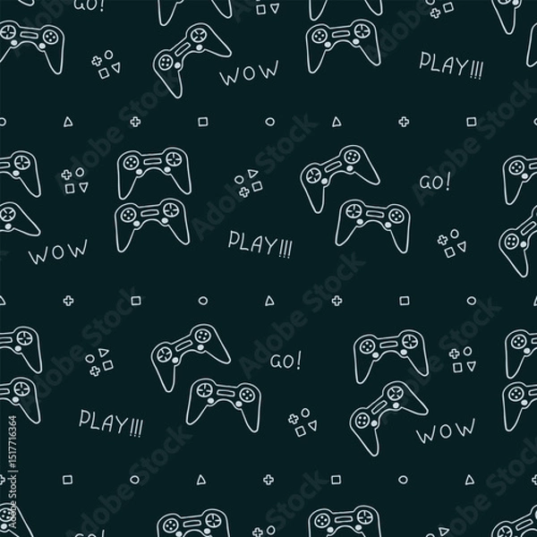 Fototapeta Seamless pattern with hand drawn doodle gamepads and handwritten video games lettering, cute game controllers. White doodles on dark background