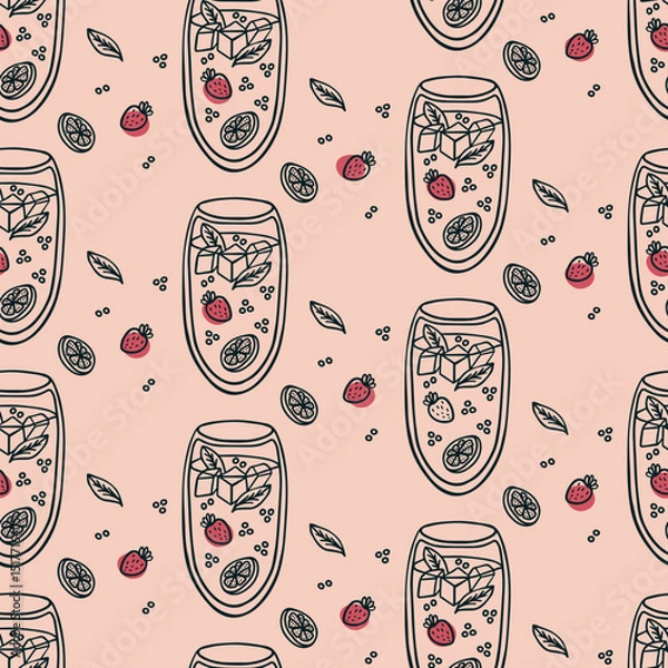 Obraz Seamless pattern with hand drawn doodle summer cocktail with strawberry, citrus, mint leaf, ice cubes in glass on light pink background