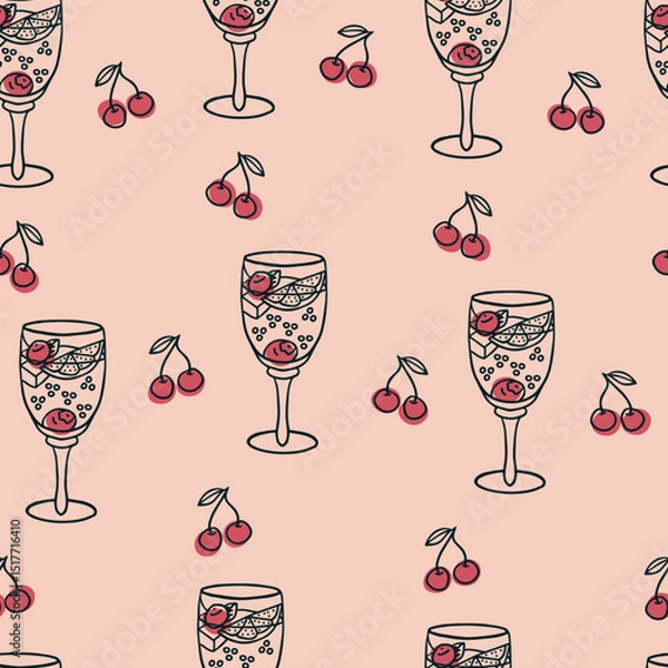 Fototapeta Seamless pattern with hand drawn doodle summer cocktail with cherry, citrus, mint leaf, ice cubes in glass on stem on light pink background