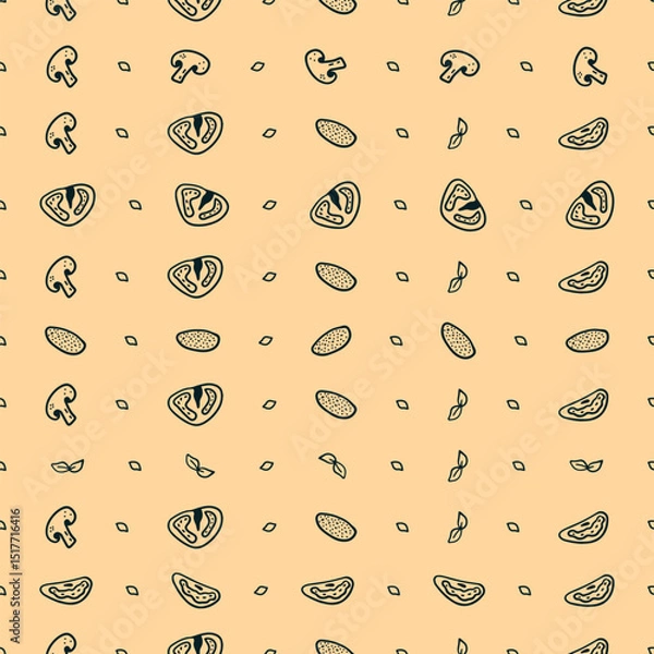 Fototapeta Seamless pattern with hand drawn doodle tomatoes, sliced mushrooms, champignons, sausage