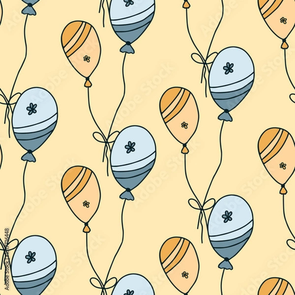Fototapeta Seamless pattern with hand drawn doodle simple balloons on string with cute flowers