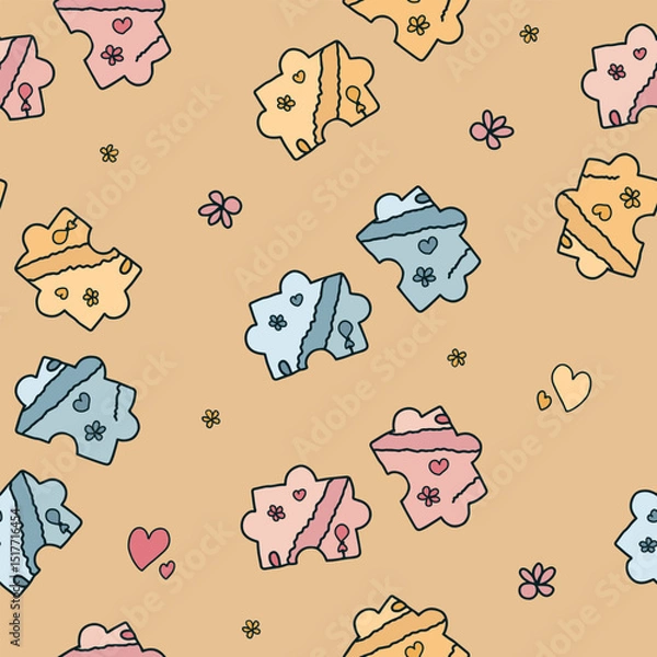Fototapeta Seamless pattern hand drawn doodle simple two jigsaw puzzle pieces decorated with heart shape, flower, balloon