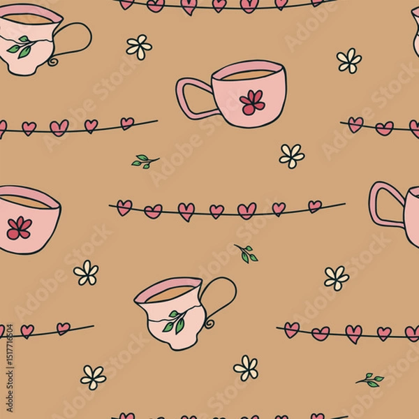 Fototapeta Seamless pattern with hand drawn doodle hot drink cup with floral pattern and heart shaped garland. A mug of coffee or tea with flower.