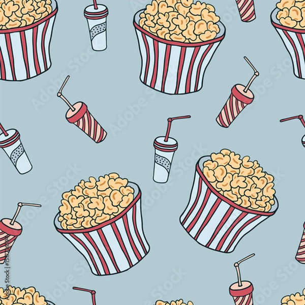 Fototapeta Seamless pattern with hand drawn doodle striped popcorn bucket and disposable paper cups for soda, cold drinks
