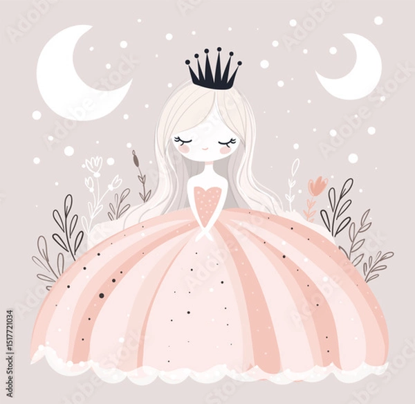 Obraz Cute card of little princess in ball gown. Girl with crown on flowers background, greeting card, flat vector poster, printable.
