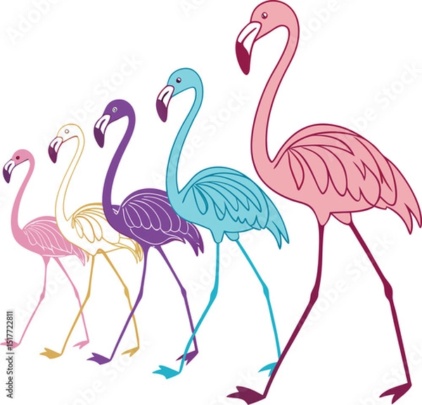 Fototapeta Colorful Flamingo Lineup  Bold Graphic Birds in Pink Blue Yellow Teal & Purple
