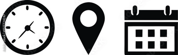 Fototapeta Clock Location Pin and Calendar Icons in Black and White