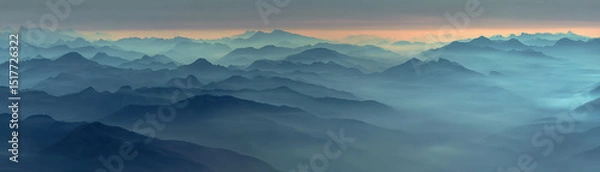 Obraz Breathtaking view of alpine range, showcasing layered mountains enveloped in thick fog. serene atmosphere evokes sense of tranquility and wonder, perfect for nature lovers