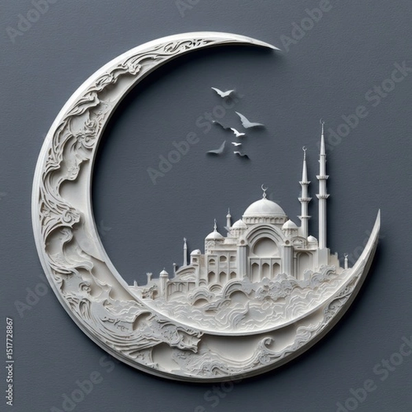 Obraz Ornate crescent moon, mosque, and birds.  A white, carved crescent moon design,  featuring a mosque nestled within, and birds in flight.  Detailed carvings