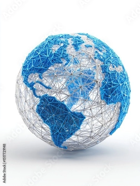 Obraz 3D globe, network of light gray threads.  Blue continents
