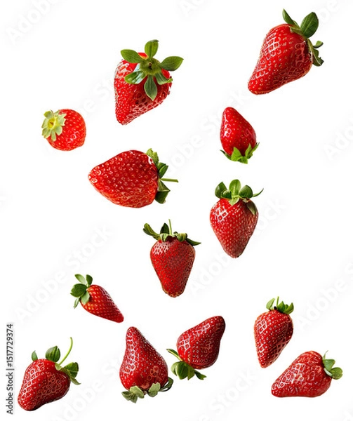 Fototapeta Falling strawberries with strawberry leaf. Isolated on a white background with clipping path