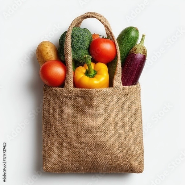 Obraz Reusable burlap tote bag filled with fresh produce