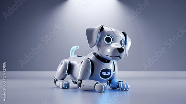 Fototapeta Realistic 3D Robot Dog Model on Minimal Gray Backdrop, Tech Pet Design