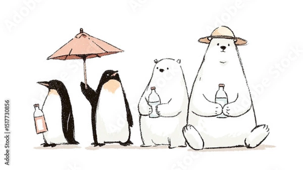 Obraz 熱中症対策をするペンギンとシロクマのかわいい線画イラスト（背景透過）