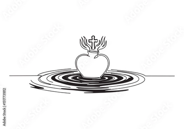 Obraz Elegant Sacred Heart Illustration in Continuous Line Art with Wa