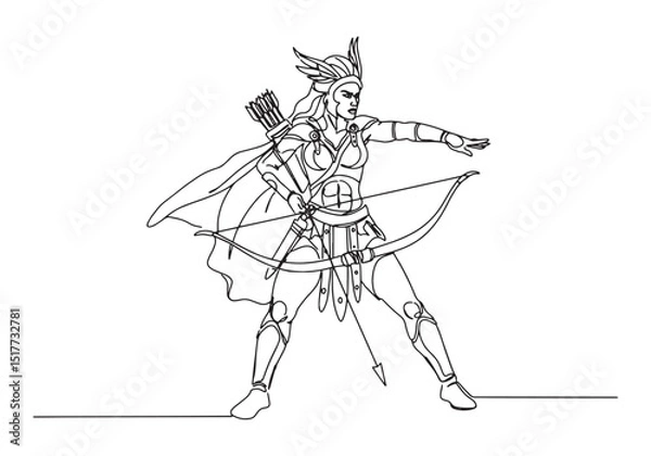 Fototapeta Continuous Line Art of a Powerful Female Amazon Warrior with Bow