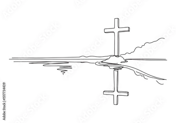 Fototapeta Serene contemplation, A single line cross reflecting in tranquil