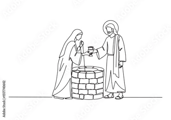 Fototapeta Continuous line drawing of Jesus and the woman at the well shari