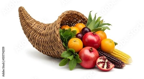 Obraz Abundant Thanksgiving cornucopia overflowing with ripe pomegranates, oranges, corn, and plums a festive autumn harvest scene