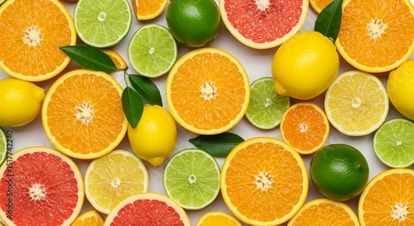Obraz Vibrant Citrus Fruits Background featuring Oranges Lemons Limes Grapefruits juicy slices and leaves